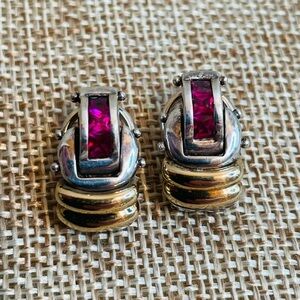 Art Deco Sterling Silver and 18K Gold Earrings with Red Stones